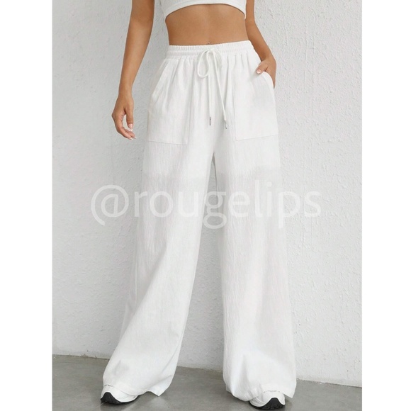White 100% Cotton Elastic Waist Wide Pants with Drawstring Ties Pockets Long - Picture 6 of 10
